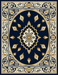 Deep Blue Floral Medallion Cream Border Rug