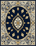 Deep Blue Floral Medallion Cream Border Rug