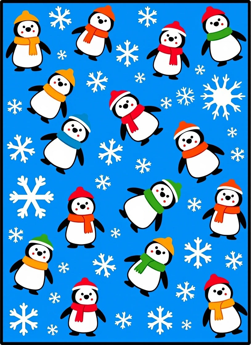 Whimsical Penguin Snowflakes Blue Rug