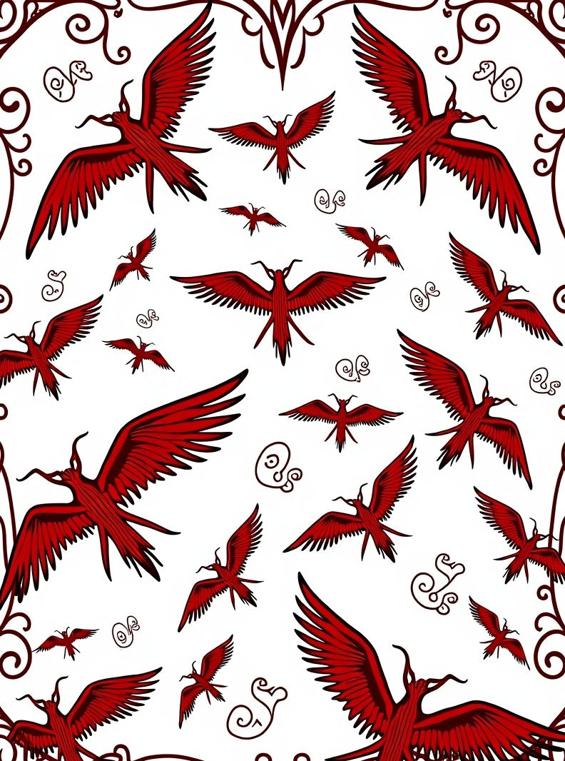 Crimson Flying Phoenix Swirling Borders Rug