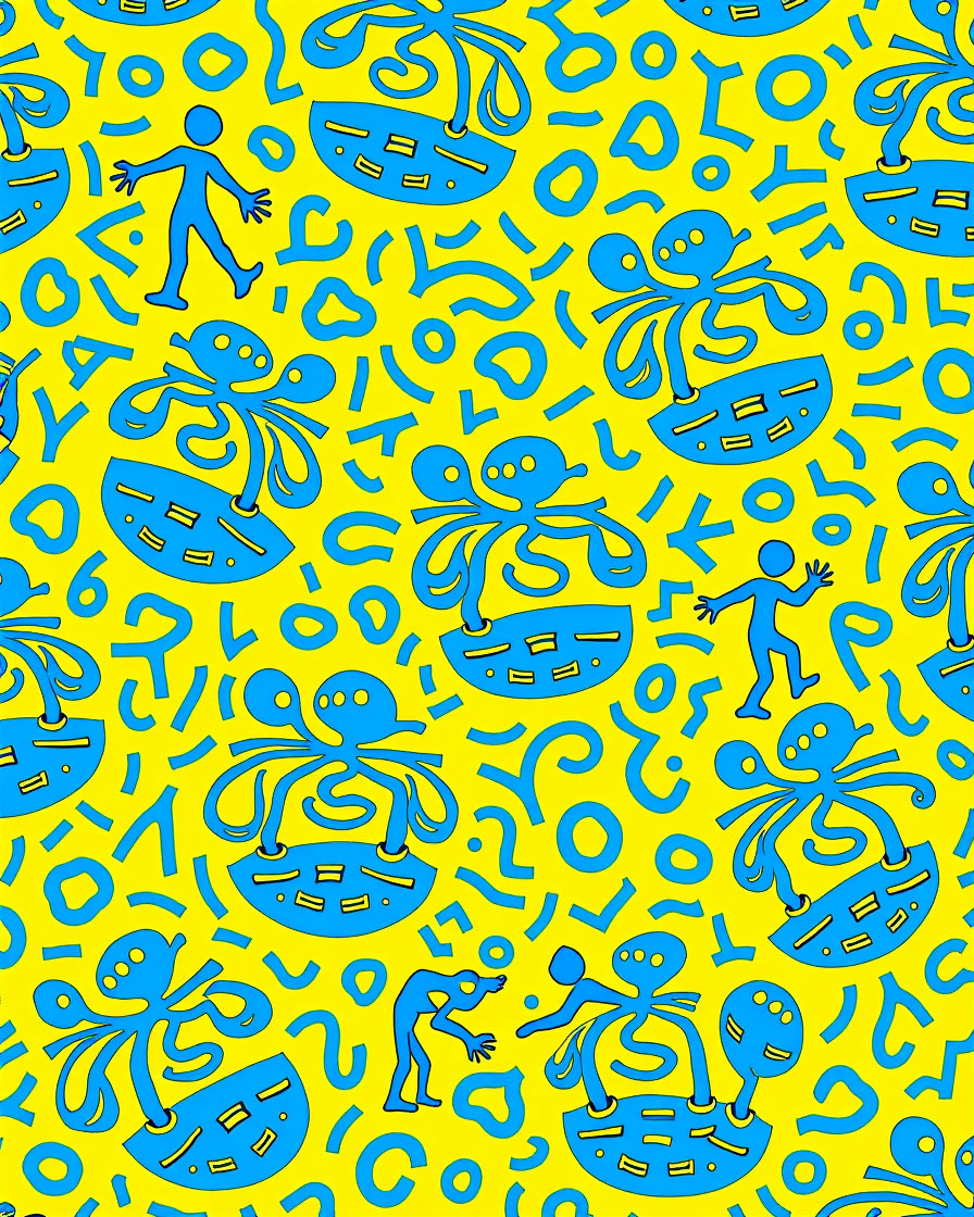 Bright Yellow Blue Whimsical Figures Rug