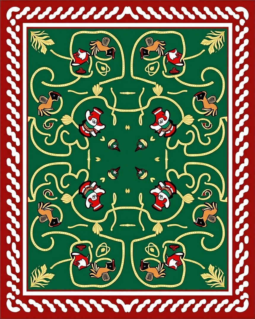 Emerald Green Folk Art Animal Scene Rug
