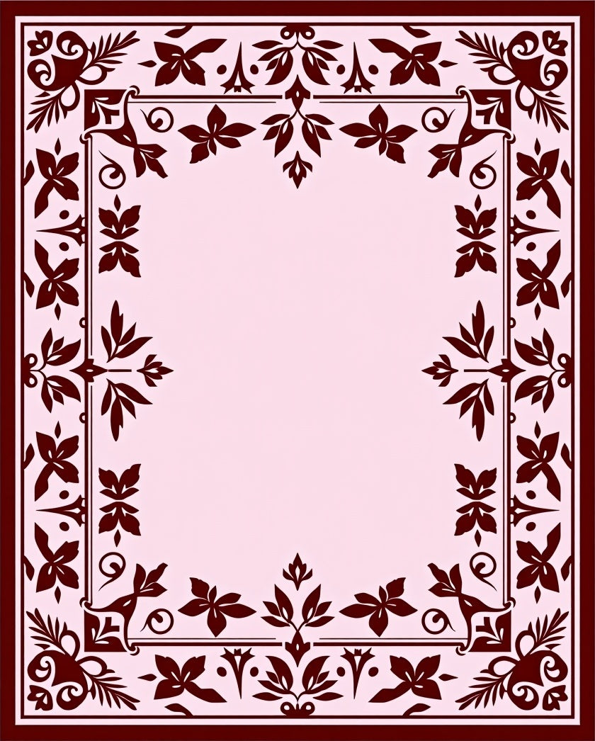 Deep Red Floral Bordered Light Pink Rug
