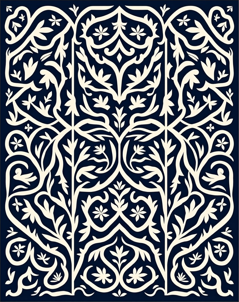 Deep Navy Ivory Floral Archway Rug