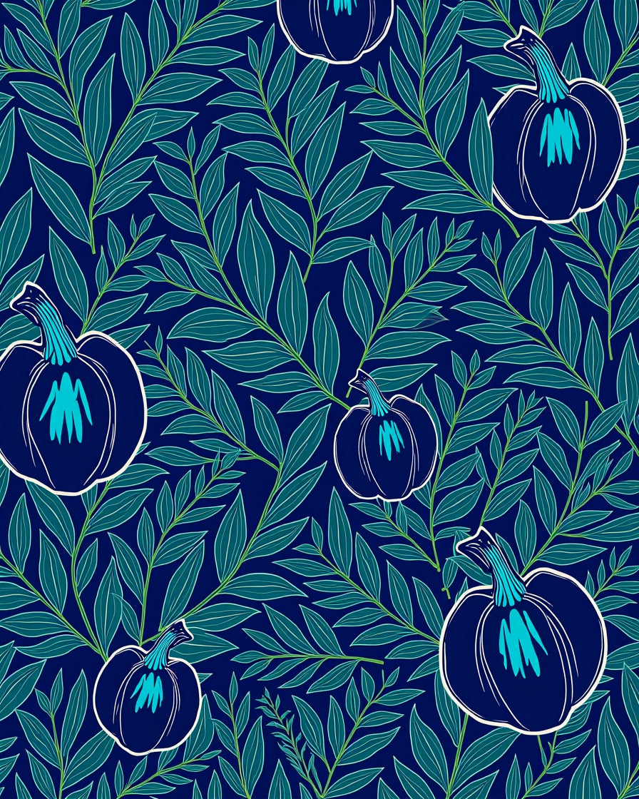 Deep Blue Pumpkin Leaf Arrangement Rug