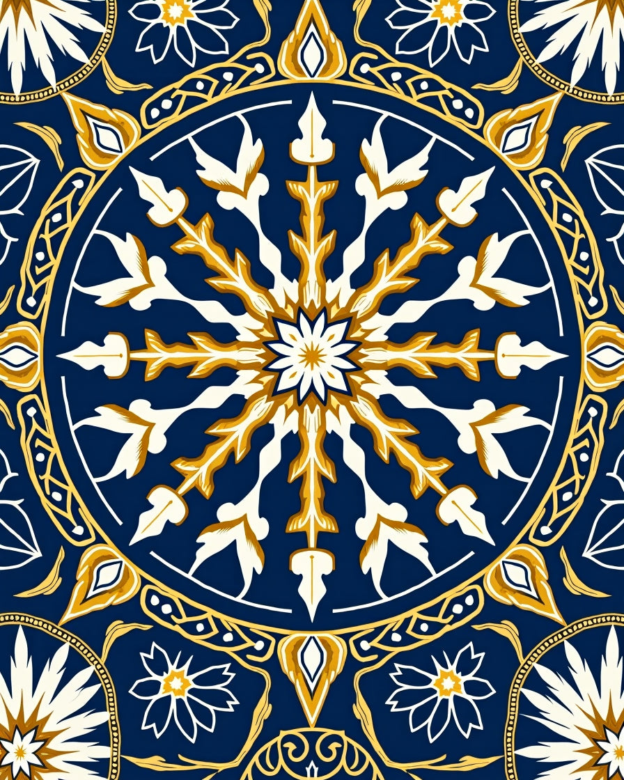 Deep Blue Golden Medallion Flower Rug