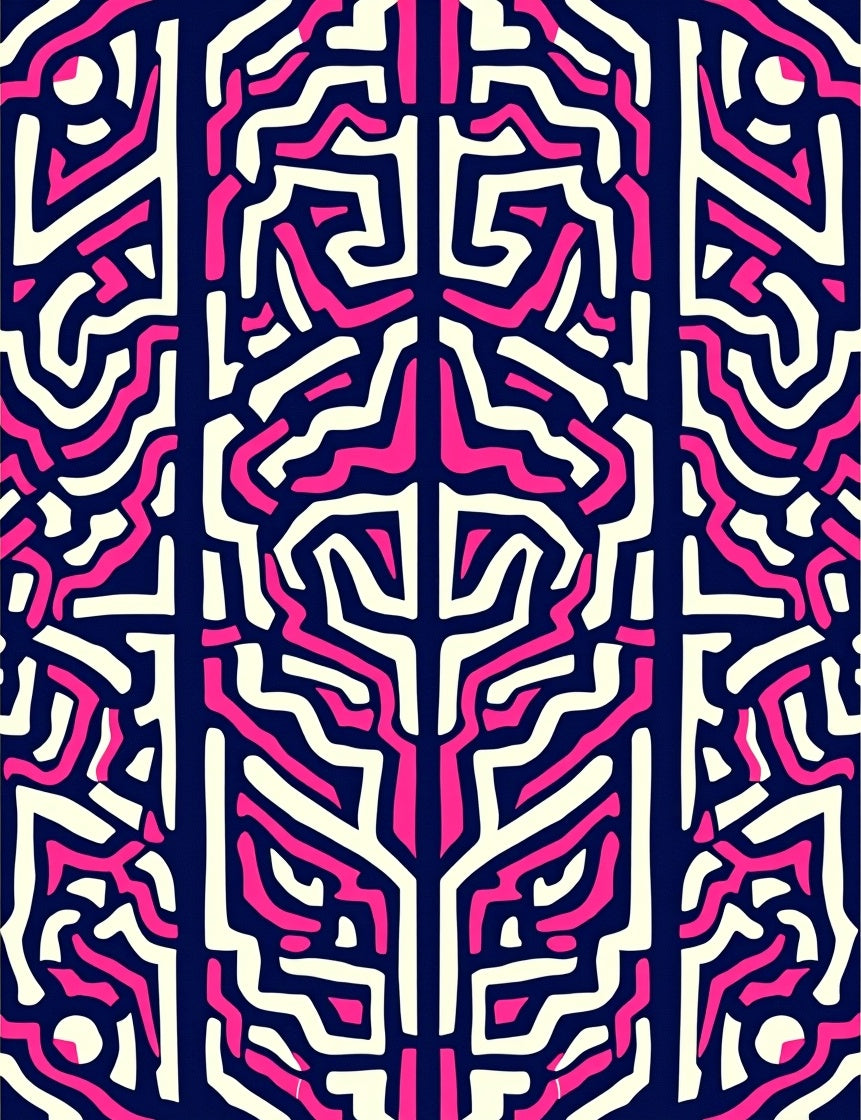 Abstract Pink Labyrinth Cream Navy Rectangles Rug