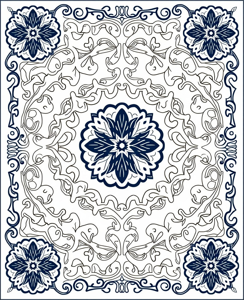 Navy Blue Floral Mandala Scrollwork Rug