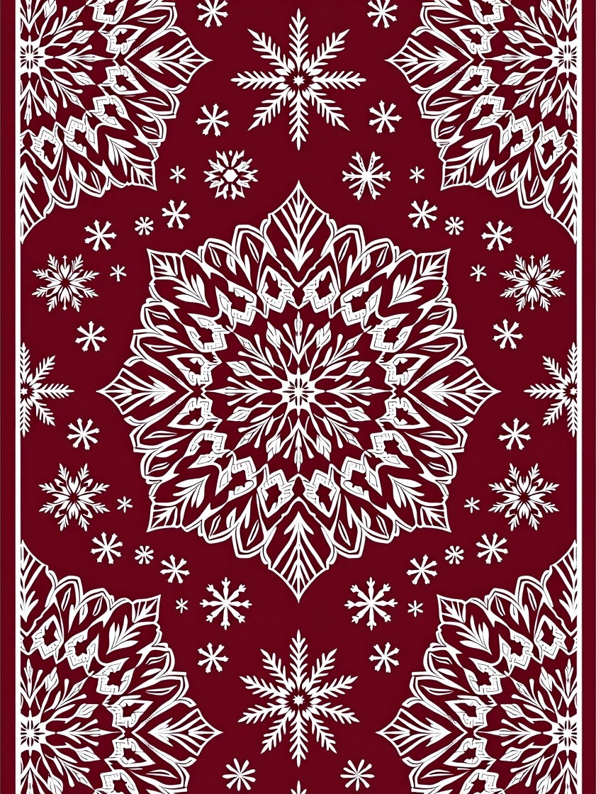 Ornate White Snowflake Mandala Crimson Rug