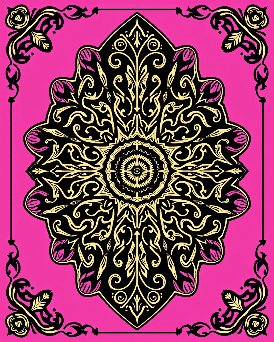 Vibrant Pink Black Gold Medallion Rug