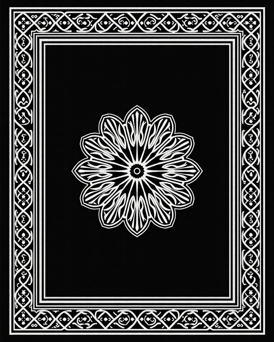 Black White Floral Medallion Border Rug