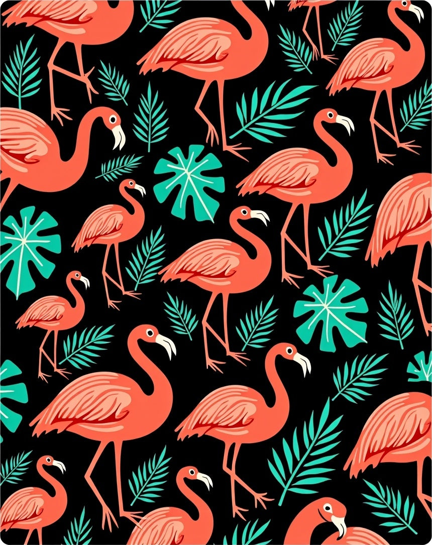 Coral Flamingo Tropical Leaf Black Rug