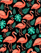 Coral Flamingo Tropical Leaf Black Rug