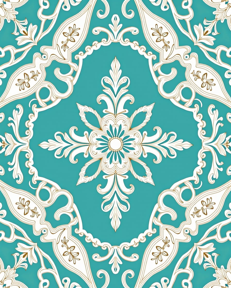 Aqua White Golden Acanthus Scroll Rug