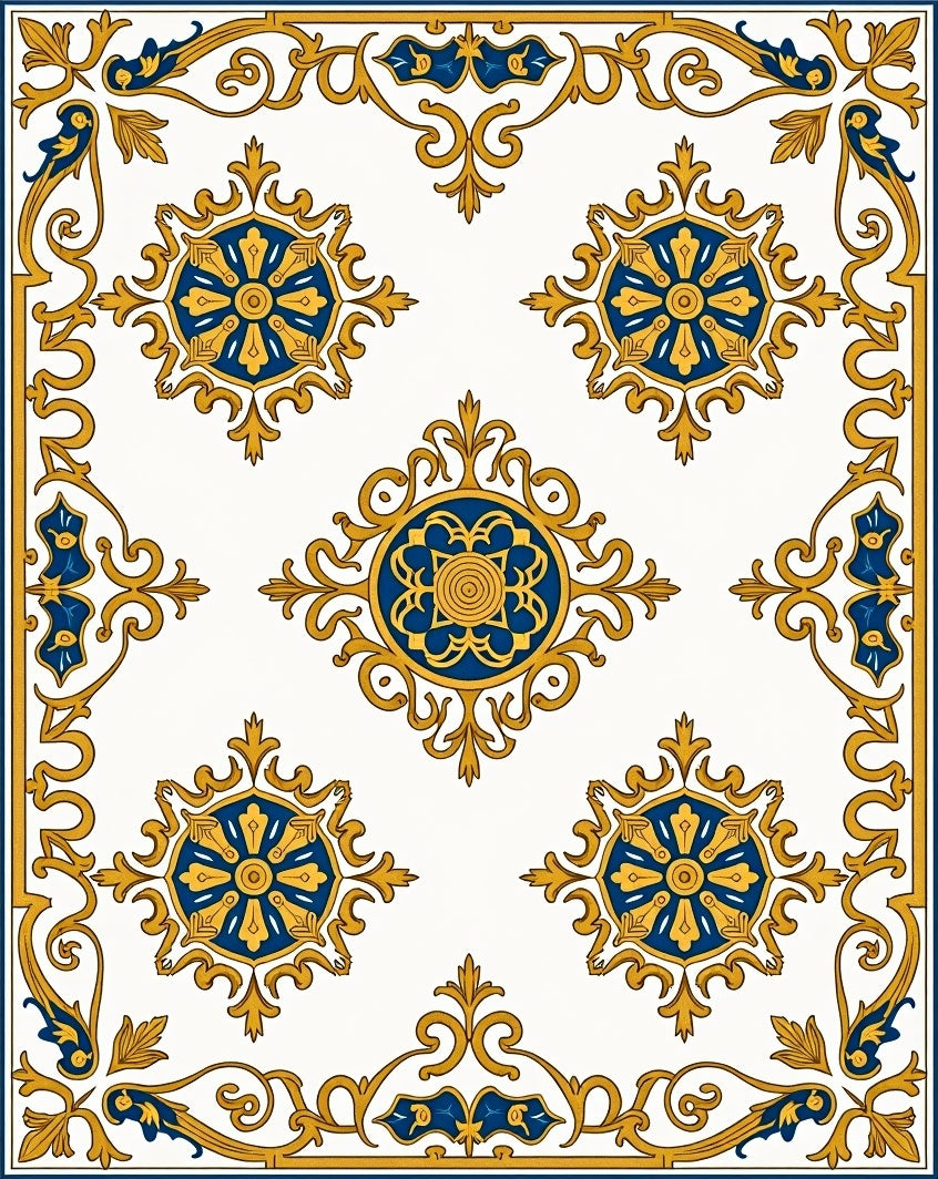 Intricate Gold Blue Floral Medallion Frame Rug
