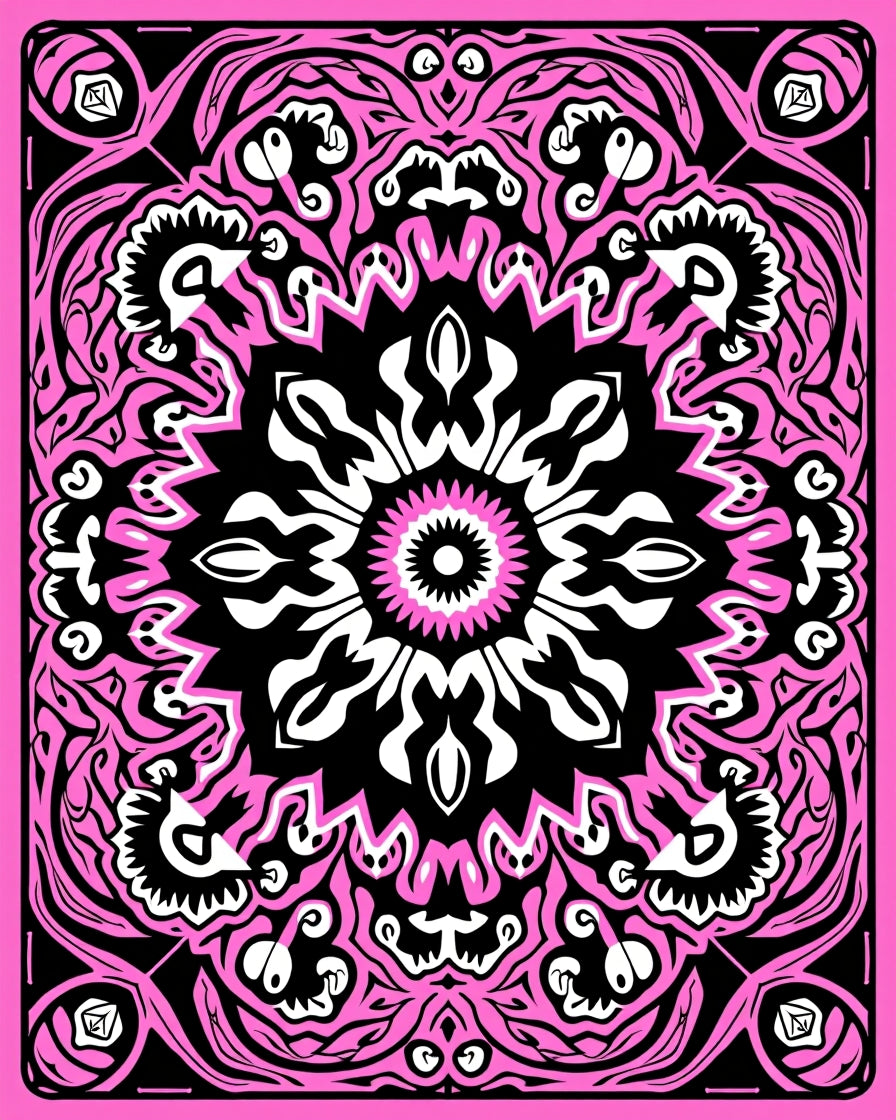 Vibrant Pink Black Floral Mandala Rug