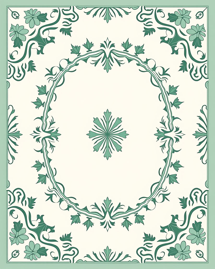 Ivory Green Floral Scroll Medallion Rug