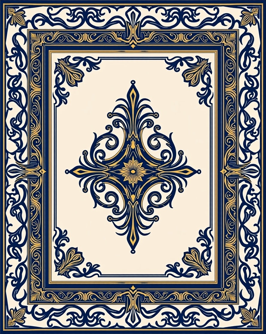 Ornate Navy Blue Golden Medallion Rug