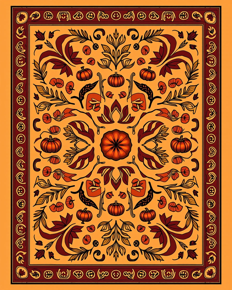 Autumnal Orange Pumpkin Foliage Medallion Rug
