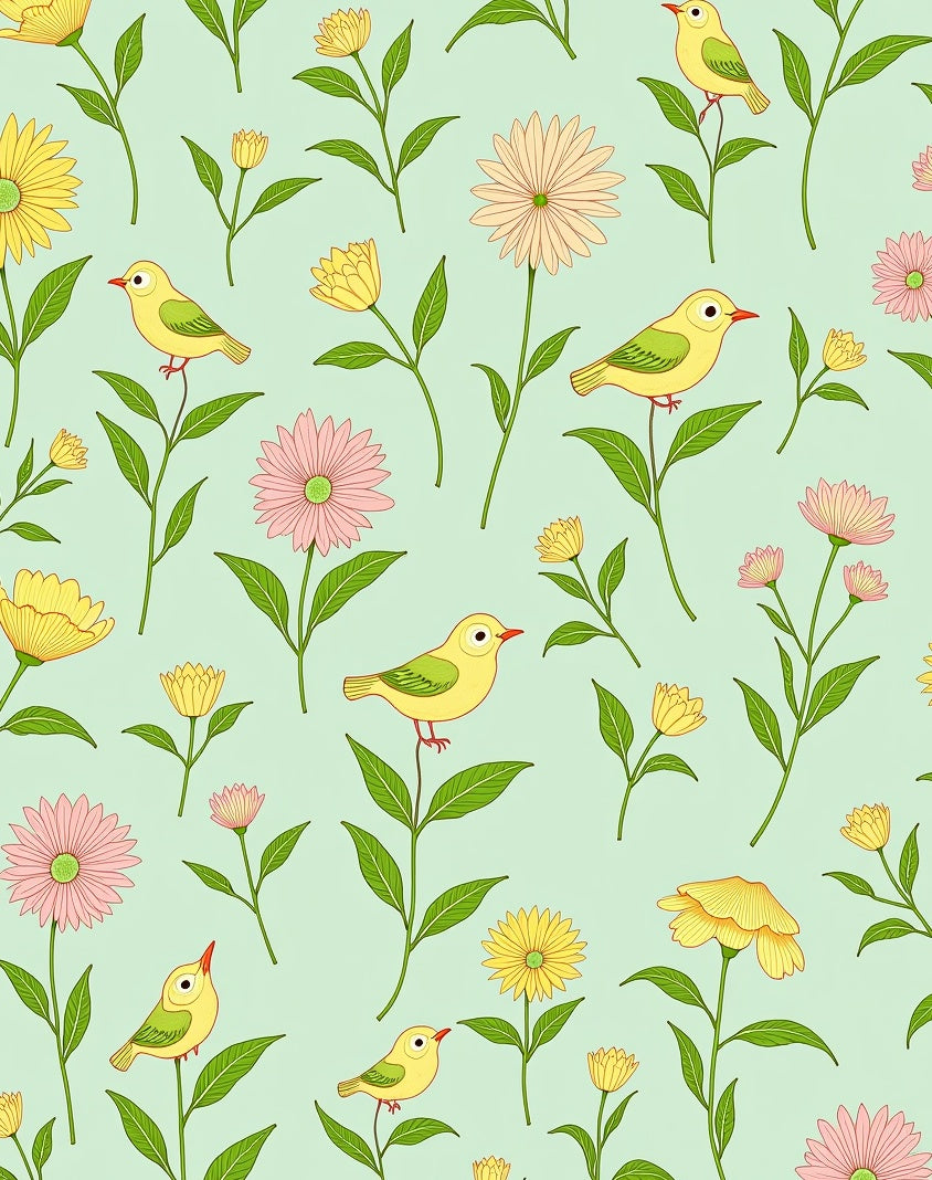 Yellow Birds Among Pink and Yellow Flowers Rug