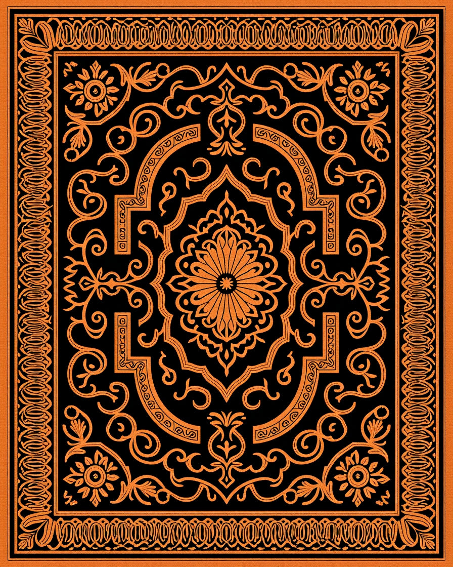 Orange Black Ornate Medallion Scroll Rug