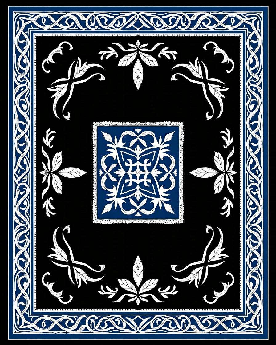 Ornate Blue White Black Medallion Rug