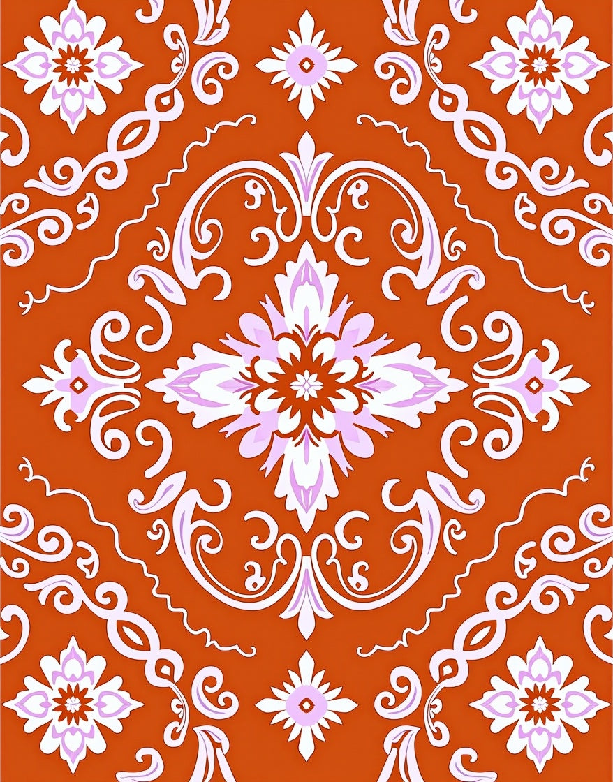 Vibrant Orange Floral Damask Rug