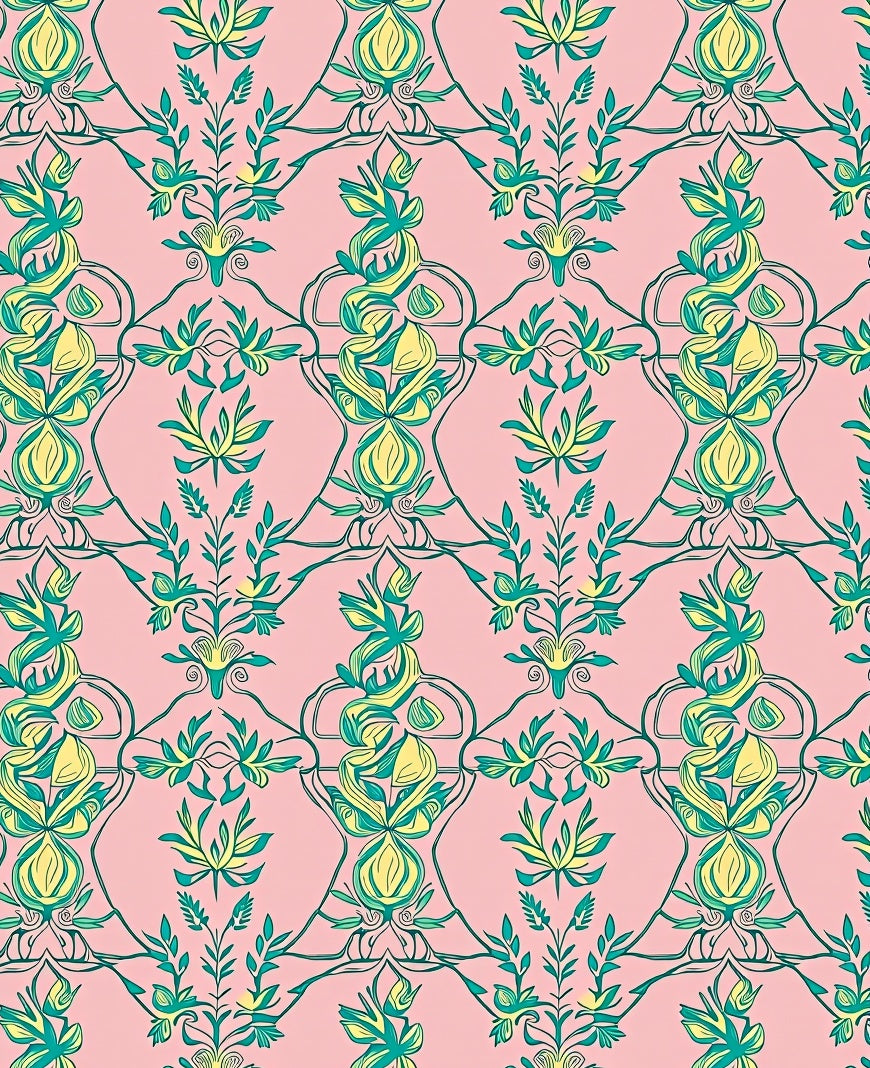 Pink Teal Yellow Botanical Vine Arrangement Rug