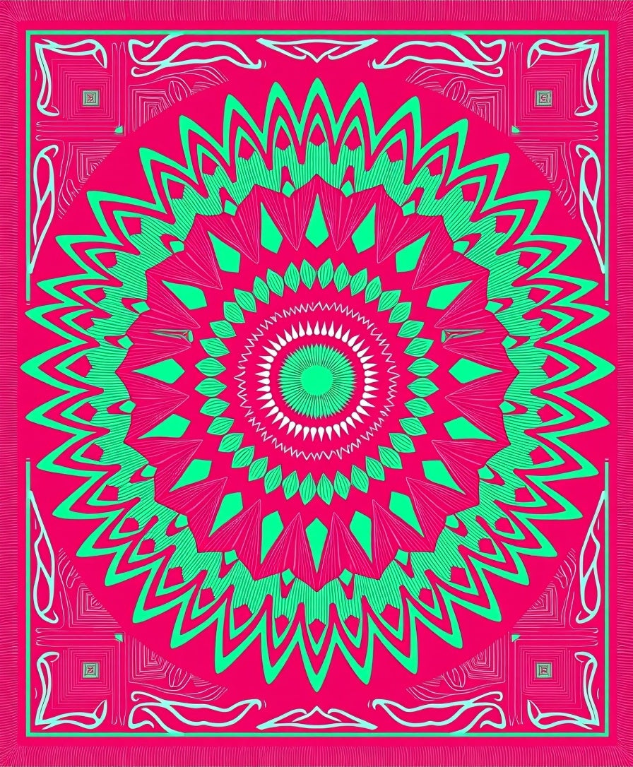 Vibrant Coral Aqua Mandala Sunburst Rug