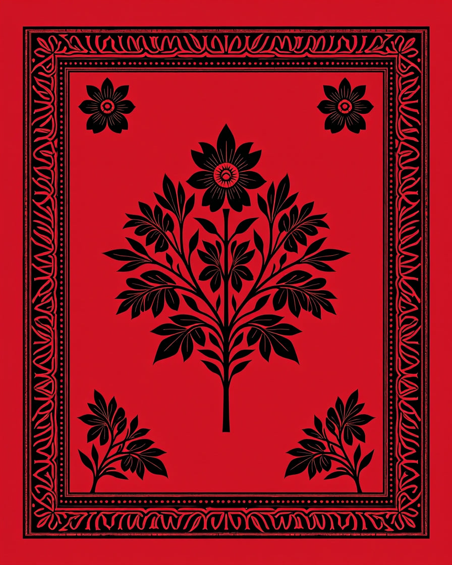 Bold Red Floral Tree Border Rug