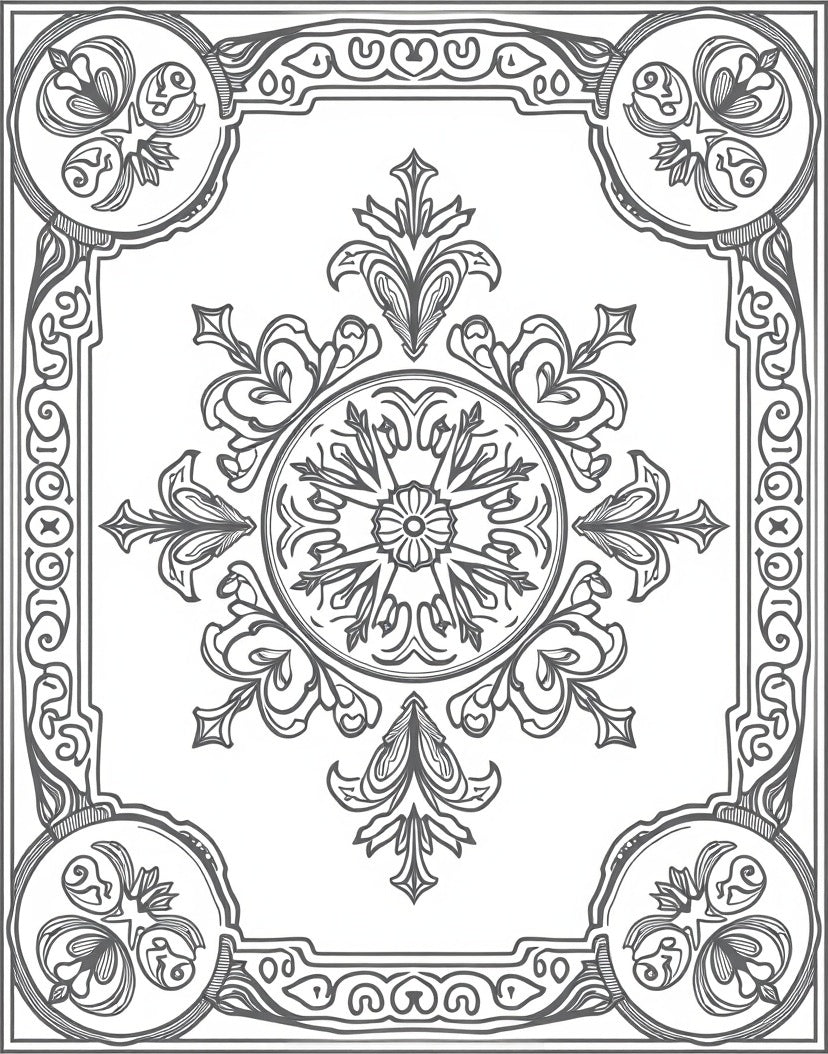 Ornate Gray Floral Medallion Frame Rug