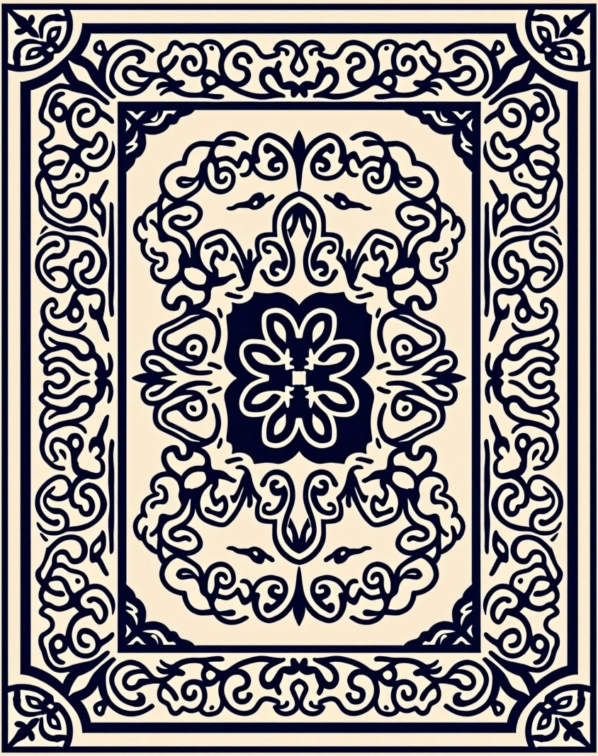Navy Cream Arabesque Medallion Rug