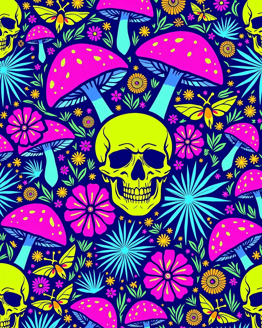 Psychedelic Skull Mushroom Butterfly Floral Rug