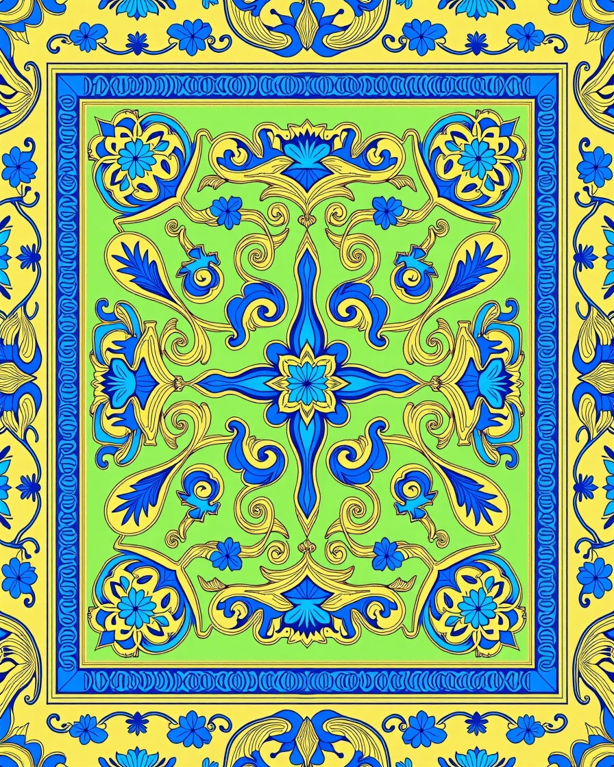 Lively Blue Yellow Floral Symmetry Rug