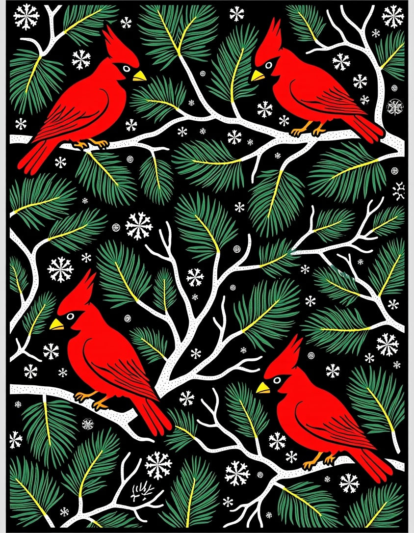 Crimson Cardinals Pine Branch Snowflakes Rug