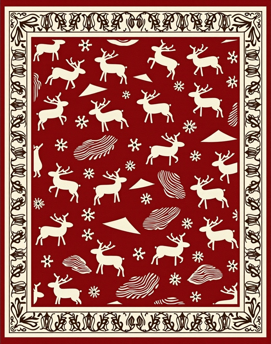 Red Reindeer Snowflake Border Textile Rug