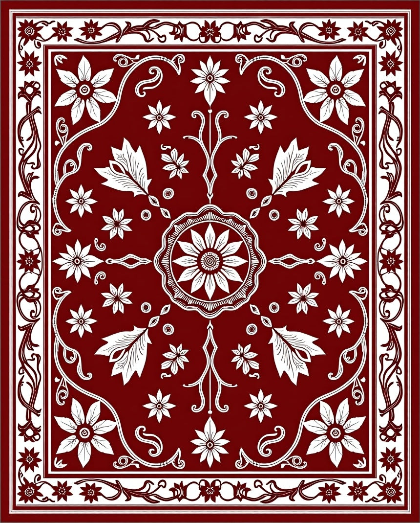 Deep Crimson Floral Medallion Rug