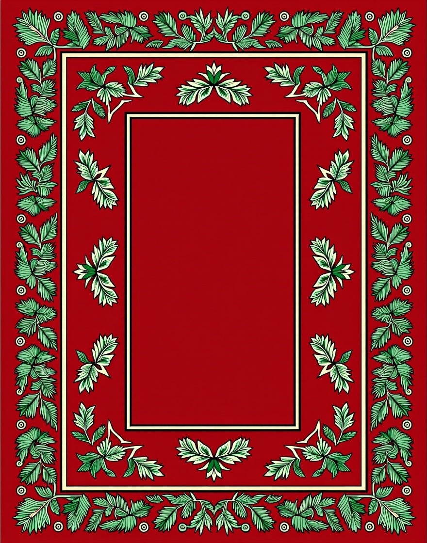 Crimson Bordered Green Leaf Medallion Rug