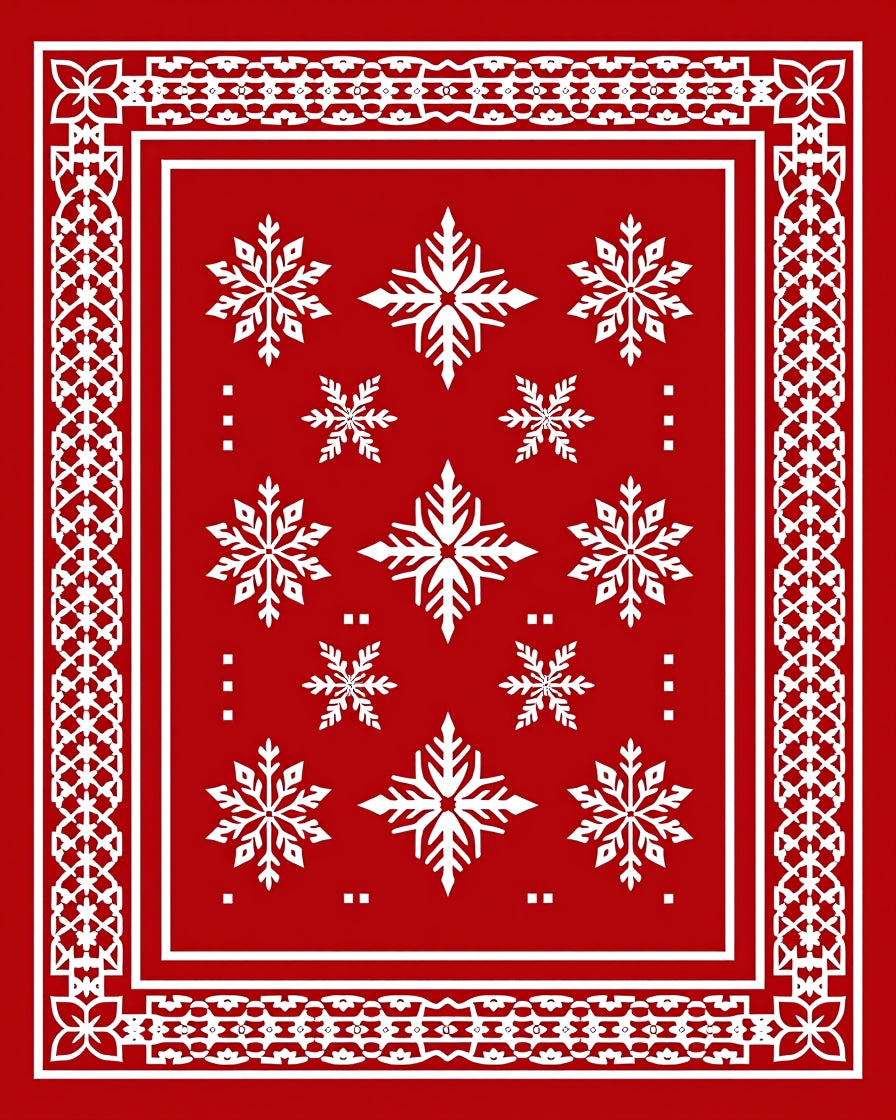 Red White Snowflake Bordered Christmas Rug