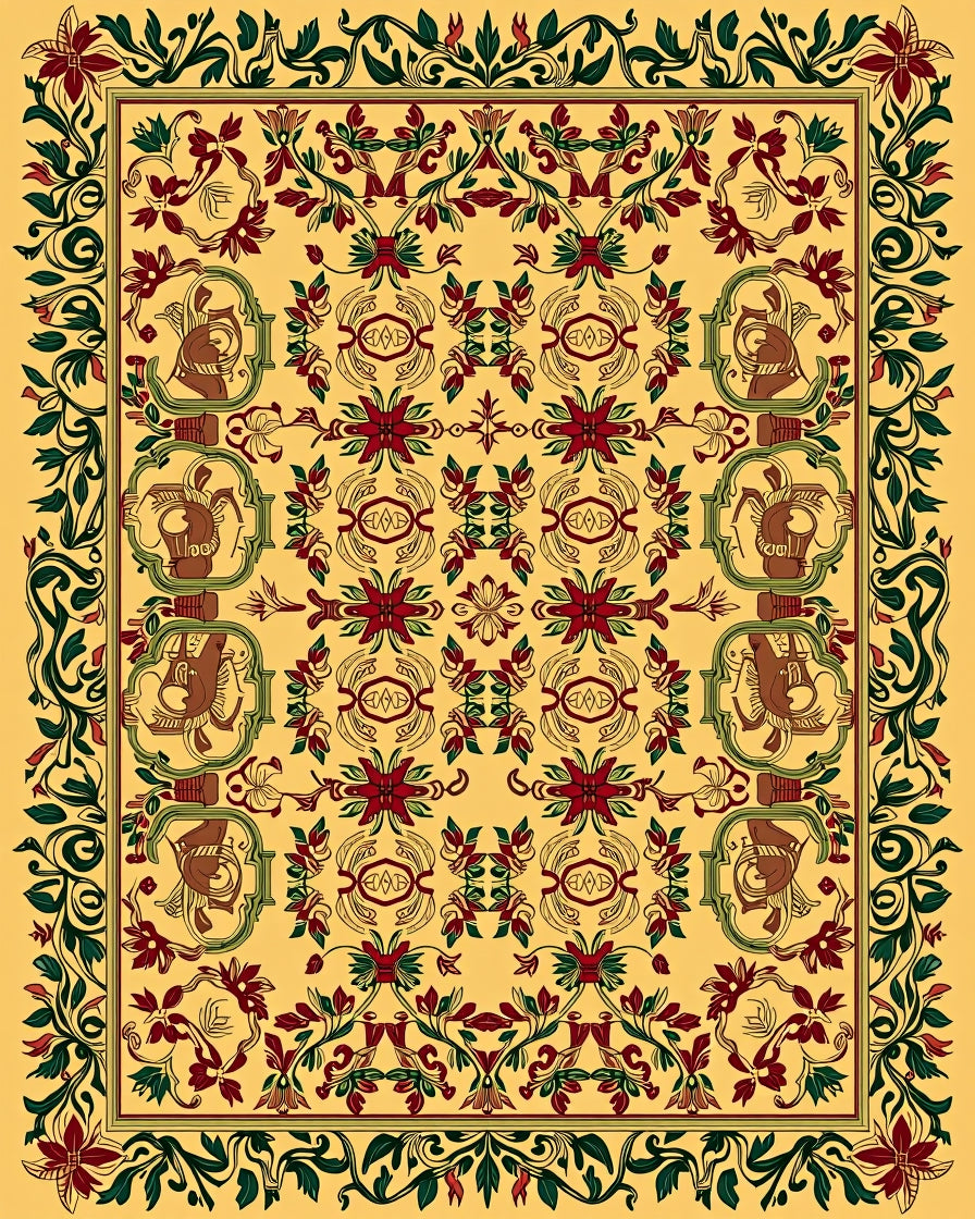 Golden Saffron Floral Animal Border Rug