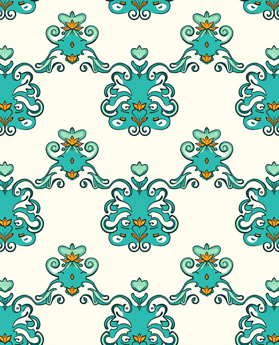 Aqua Teal Orange Medallion Scroll Rug