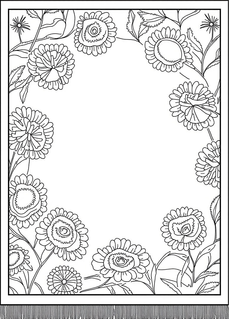 Whimsical Floral Border Black and White Rug