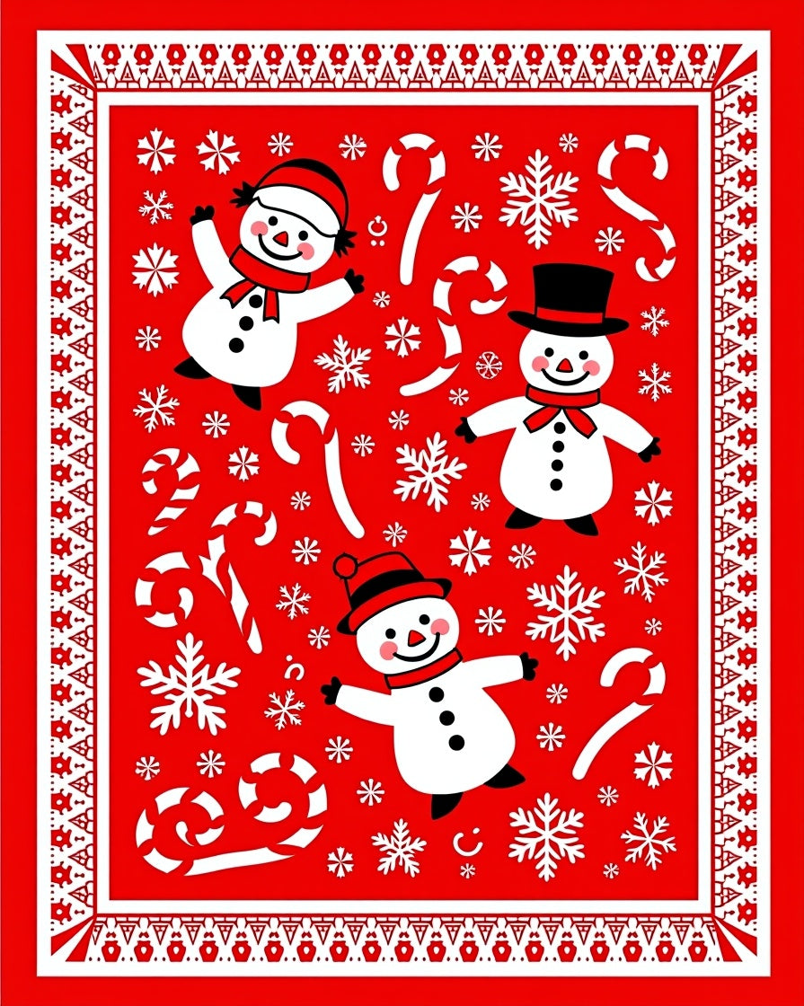 Charming Red Snowman Candy Cane Snowflakes Rug
