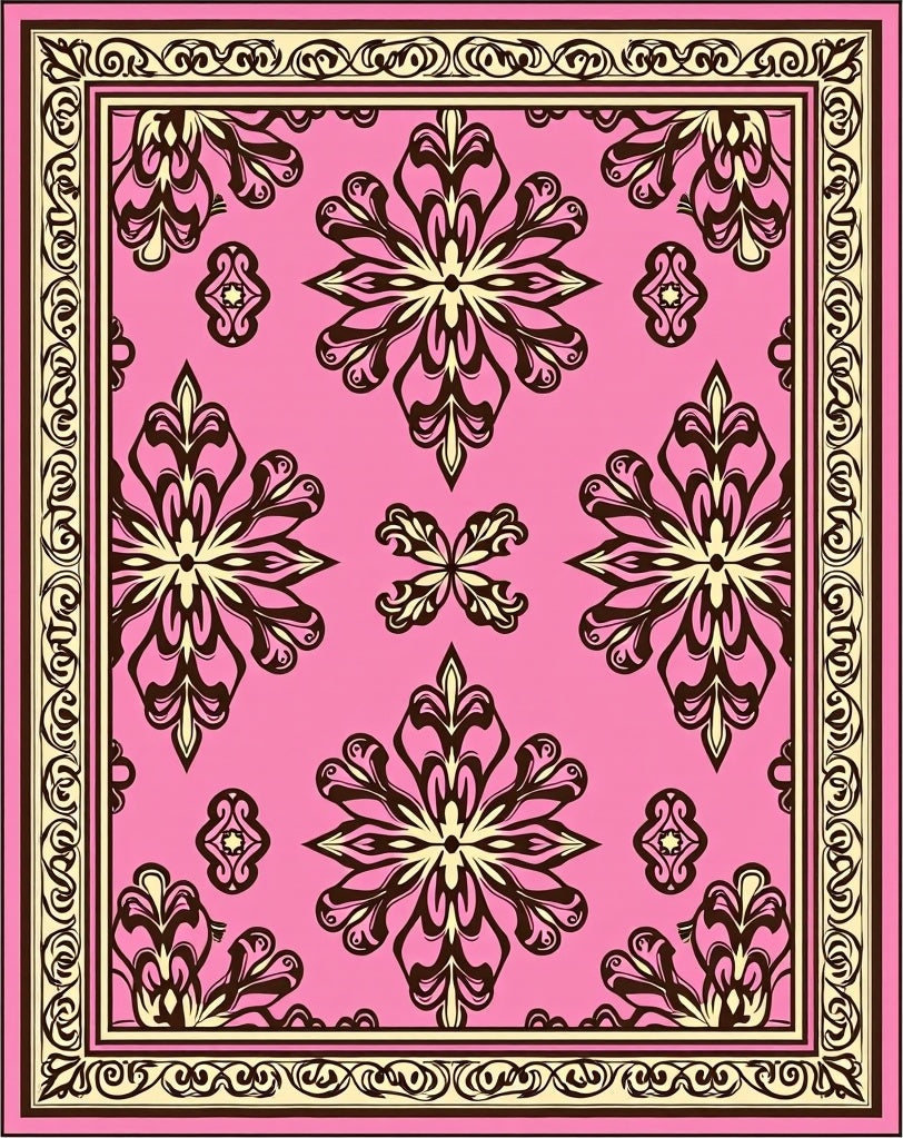 Pink Floral Medallion Scroll Border Rug
