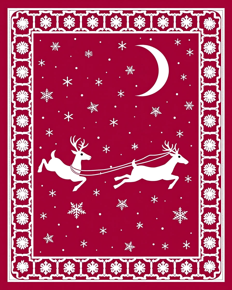 Christmas Red Sleigh Reindeer Crescent Moon Rug