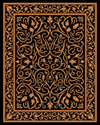 Orange Floral Scrollwork Black Rug