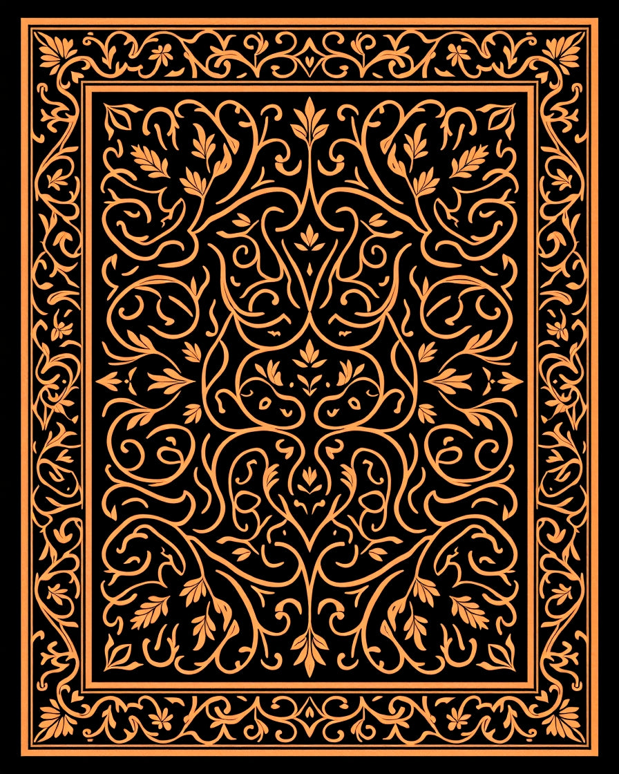 Orange Floral Scrollwork Black Rug