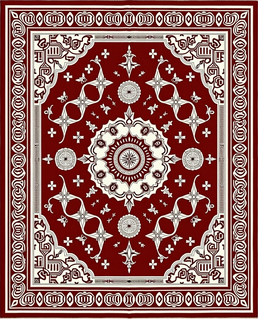 Crimson Ivory Intricate Mandala Motif Rug