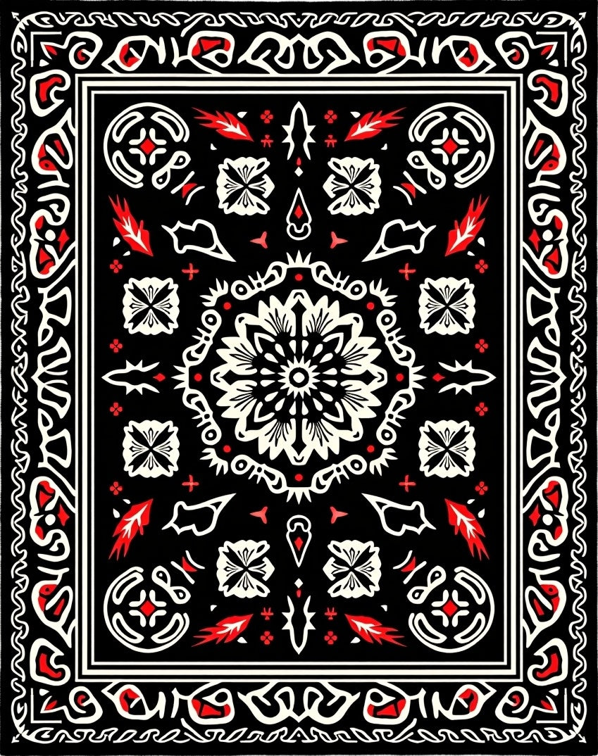 Black Red White Floral Medallion Symmetry Rug