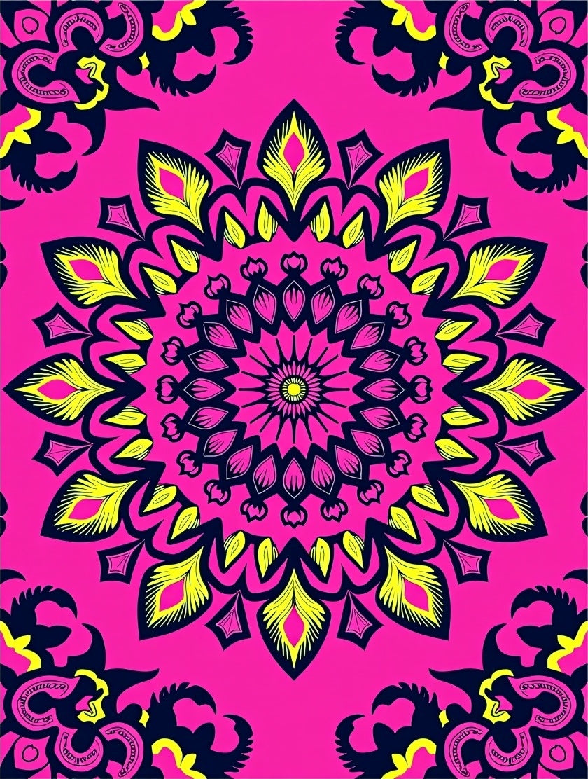 Vibrant Pink Yellow Sunburst Mandala Rug